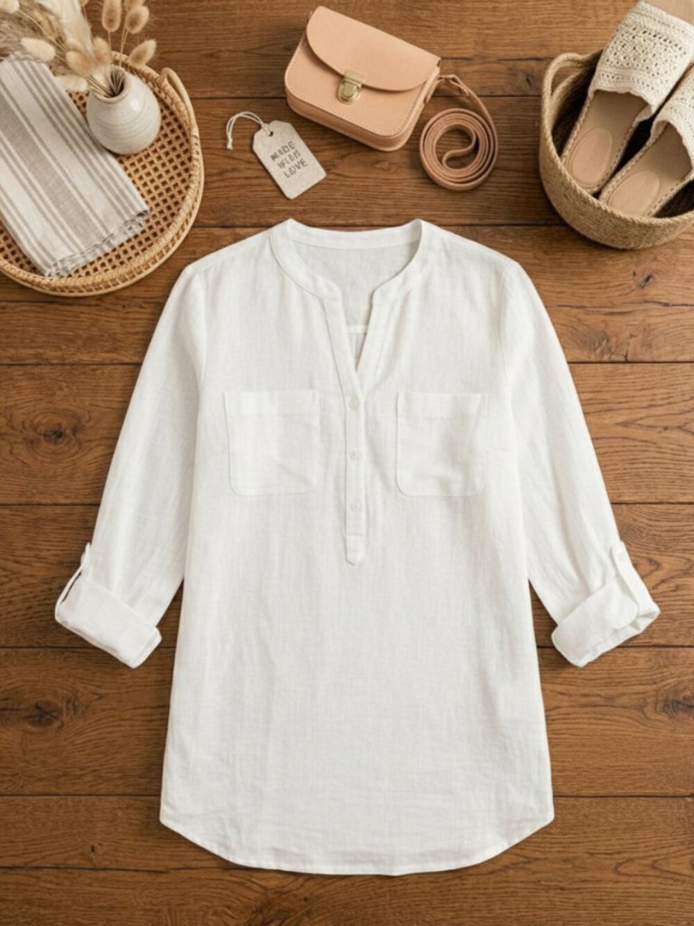 Emily Daniels | White Linen Blend Tunic Top with Roll Tab Sleeves | Sz Large